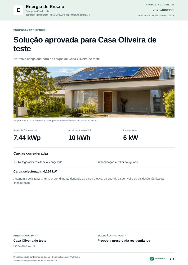 Capa de proposta comercial do WattMetria com identidade da empresa, solução e cargas consideradas
